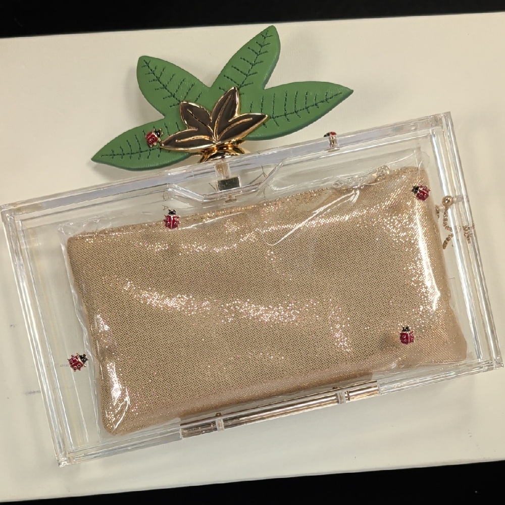 Charlotte Olympia Gold and Green Clutch with Leaf Design